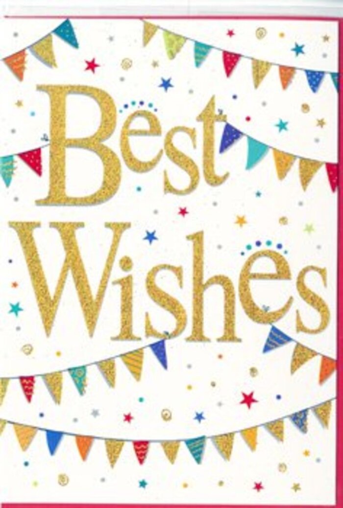 The Best Wishes card pictured here feels like a distilled moment of celebration, the kind you might share with family or colleagues in Hatton after hearing wonderful news. The card's background is a smooth, matte white, calming and uncluttered, allowing every detail of the artwork to stand out clearly. In the very centre, the words Best Wishes appear in graceful, looping golden script. The lettering looks embossed, slightly raised from the surface, with a dusting of fine glitter woven through the strokes. This combination creates a soft, luxurious sheen, as though the words have been written with liquid gold and left to catch the light like reflections in the nearby reservoirs. The script itself feels confident yet gentle, its curves echoing the easy flow of conversation between friends. Curving above and below the text are lines of bunting that form gentle arcs, framing the message like a festive garland. Each tiny triangular flag is painted in a palette of bright, cheerful hues-cobalt blue, scarlet, grass green, deep teal, lemon yellow and warm coral. Some carry crisp stripes, others dainty dots or tiny mosaic-style patterns, making each pennant feel individual, like different stories within a single celebration. Scattered throughout the remaining space are petite stars and circular confetti dots in complementary colours. They appear as if tossed into the air at the height of a party, now frozen mid-fall, capturing the thrill of that instant when everyone is smiling at once. Despite the lively motifs, the design maintains a feeling of order and elegance, with ample white space preserving clarity. The card would be perfectly suited to accompany a bouquet for graduations, promotions, or new beginnings in and around Hatton, offering not only congratulations but also an enduring sense of encouragement and shared joy.