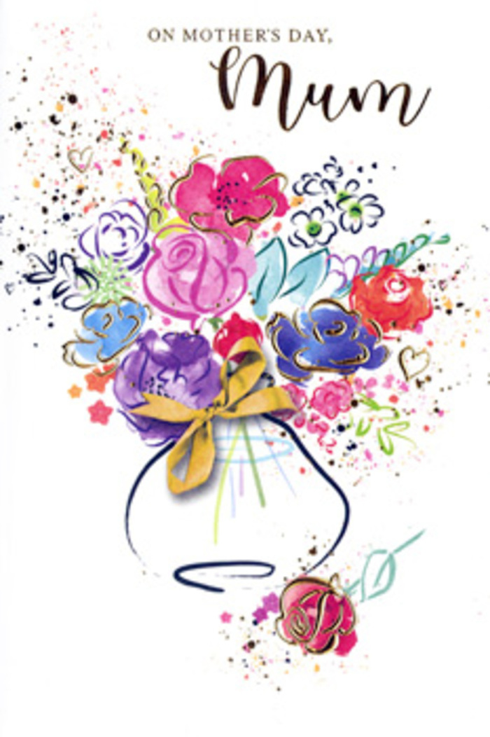 In this expressive Mother's Day card, the bouquet appears as if it has been gathered from an imagined spring garden on the edges of Hatton and then painted in fluid, dancing strokes. Strong cerise and hot pink blooms form the central cluster, their petals defined with graceful lines of indigo that give just enough structure to suggest their shape. Around them, smaller blossoms in lilac, sky blue, and gentle peach are layered thoughtfully, creating subtle depth and a sense of petals overlapping, like an arrangement carefully turned in a florist's hands. Touches of shimmering gold highlight select petals and foliage, glinting softly as though catching sunshine filtered through a kitchen window near Hatton Cross. The flowers rise from a rounded vase with soft shoulders, its simplicity allowing the colour above to shine. A narrow golden bow is tied neatly at the base, evoking the sound and feel of ribbon being pulled tight around a bouquet before local delivery. The white background is not empty but animated by scattered specks of paint and whimsical heart shapes, which hover at the edges like confetti from a family celebration or the smudges of paint left after a craft session with children. The mood is affectionate and slightly nostalgic, blending artistic flair with homely warmth. This illustrated card becomes more than an image: it is a keepsake bouquet on paper, celebrating the many layers of a mother's love with every carefully placed stroke.