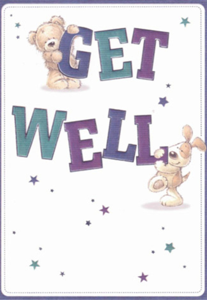 This delightful get well card perfectly captures the essence of Hatton's close-knit warmth and optimism. Here, an appealing teddy bear with plush, textured fur confidently sits atop the large, bold 'GET,' rendered in shades of rich purple and teal evocative of the vibrant hydrangeas and irises often used by Hatton's skilled florists. Across the card, a jovial puppy-its floppy ears practically tangible-leans into 'WELL,' the letters themselves springing cheerfully from the page. Between them, a galaxy of small stars and bursts in indigo and blue are scattered in lively motion, mirroring both local night skies and freshly fallen petals after a Hatton market rain. The illustration's crisp white background allows each element to glow with purity and hope, while subtle shadows provide depth and a near-tactile appeal. The warmth in the animals' eyes, the bounce in the typography, and the care in placement all speak to the nurturing intent dear to Hatton's florists when delivering a bouquet to nearby homes or hospital rooms. Together, card and flowers represent more than a gift-they are an embrace, extending the healing strength and cheerfulness found in every corner of our community.