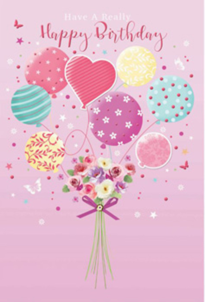 There is a gentle, uplifting joy in this birthday artwork, as though the design has captured a moment of celebration rising softly over Hatton's green spaces. The entire scene is set against a soothing pink background, reminiscent of a blushing sky at dusk. From the centre, a bouquet of balloons lifts upward with effortless grace. Their pastel shades-pale sunshine yellow, rosy fuchsia, soft teal, and lavender-mingle like laughter shared among friends. Each balloon has been thoughtfully adorned: some are wrapped in curling stripes that twist like streamers at a village fête, others display playful polka dots, and a few are patterned with dainty blossoms and tiny stars that sparkle in the imagined light. Among them, a heart-shaped balloon introduces a warm, affectionate note, making the piece feel perfectly suited to a treasured birthday. Tethered beneath this floating cluster is a hand-tied bouquet of fresh-looking blooms. Petite roses and soft, daisy-like flowers, shaded from cream to blush and dusky mauve, form a tight posy, their velvety petals opening just enough to hint at a light, sweet fragrance. The stems are gathered in a rich purple bow, its satin ribbon reflecting the light with a subtle sheen that suggests care and craftsmanship, much like the finishing touches we add for birthday deliveries around Hatton and nearby communities. Tiny butterflies hover nearby, their wings suspended mid-flutter, while little star shapes drift like soft confetti, lending the impression of a private garden celebration paused in time. The lighting is gentle yet bright enough to highlight the gloss of each balloon and the softness of the petals, turning this illustration into a tender visual wish: a birthday greeting that whispers happiness, affection, and thoughtfulness for someone special in Hatton.