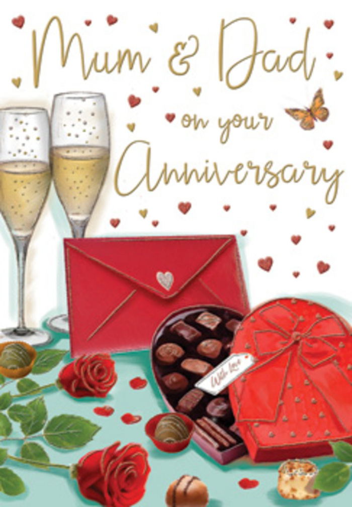 This lovingly detailed anniversary card design portrays a scene of classic romance that could easily be unfolding in a cosy Hatton sitting room after dinner. At the front of the composition, two red roses rest together on a neutral tabletop, their petals richly layered in shades of crimson that almost seem touchable, with a soft velvety texture implied by the artist's strokes. Their stems are complemented by glossy green leaves, giving the impression of freshly cut flowers, much like a bespoke bouquet of anniversary roses arriving from Flower Delivery Hatton to a home just off a quiet country lane. Slightly behind the roses, a heart-shaped box of chocolates becomes the focal point of indulgence. Its vivid red exterior is wrapped with a sumptuous satin bow, tied in exaggerated loops and long tails that spill over the edges. The lid is partly open, revealing neat little compartments holding round and square chocolates, while a few individual pieces rest invitingly on the table, as if already chosen and enjoyed. Towering above, two tall champagne flutes are filled with pale golden fizz, each glass reflecting warm highlights. The bubbles rise in delicate trails, capturing that moment right before a heartfelt toast on an anniversary evening. To the right, a deep red envelope, sealed shut, leans in as a quiet promise of handwritten words filled with emotion. The background is suffused with soft cream and golden tones, scattered with tiny crimson and gold hearts that float like celebratory confetti around the hand-lettered anniversary message. Together, the roses, chocolates, champagne, and envelope create a tender tableaux of appreciation, sweet indulgence, and enduring love shared in the calm of a Hatton home.
