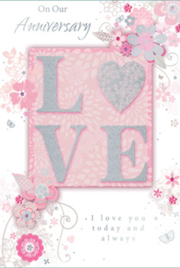This anniversary card feels like stepping into a sunlit Hatton sitting room where love is celebrated in the small, everyday moments. At its centre, the word LOVE appears in generous, softly rounded letters, each one finished with a veil of frosted glitter that shimmers in pink and silver tones. The embossed texture invites gentle touch, reminiscent of running a fingertip along the edge of a freshly opened rose delivered to a doorstep off Hatton Road. Behind this central word, the background glows in a warm wash of pastel pink, with a pearlescent sheen that suggests shifting light, as though sunlight were moving across the card over the course of an afternoon. Along the borders and drifting inward, wispy, hand-drawn blooms and fine sprays of foliage meander gracefully, creating a natural frame. The flowers, in soft pink, lilac, ivory, and pale grey, mingle harmoniously, their petals shaded with delicate cross-hatching and watercolor-like fades that bring gentle movement and dimension. Interspersed among them are slender flourishes, tiny leaves, and almost hidden butterflies, the kind of subtle details you only notice when you pause and look closely, mirroring the quiet gestures that sustain long-lasting love. A tender message-expressing sentiments such as I love you today and always-is set in elegant yet understated type, neither dominating the scene nor receding into it, but resting with quiet assurance. The card's overall mood is calm, grateful, and hopeful, much like an unhurried walk through Hatton's green pockets at dusk, and it reads visually as a bouquet translated into paper: fragrant with feeling, carefully balanced, and lovingly made.