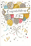 In this image, the front of a congratulations card is shown as though held at arm's length, revealing a graceful, balloon-filled design that feels perfectly suited to celebrations in Hatton. A bouquet of illustrated balloons floats in the centre, some set slightly higher, others lower, creating a sense of soft, upward drift, as if the balloons were just released outside a party venue near Hatton Cross. Their colours are harmonious and gently metallic: brushed gold, cool silver, warm champagne, light blue, blush pink, and muted grey. Each balloon bears a unique pattern-fine vertical striping, scattered star shapes, and areas of sparkling glitter that suggest a pleasant, textured finish. Delicate strings in gold and silver tones hang from the balloons, curling and looping at the bottom in a loose tangle that mirrors the way real balloon ribbons fall, much like the decorative trims placed on floral arrangements delivered around Hatton. The background is calm and pale but lively with detail, dotted with tiny gold and silver stars, confetti-like specks, and swirling ribbon illustrations that give an impression of motion and festive energy. Cutting across the central area is an elegant banner, seamlessly integrated with the balloons, bearing a Congratulations To You message written in graceful, flowing script that feels personal and heartfelt. The atmosphere of the design is light, joyful, and slightly glamorous, suitable for everything from promotions and new homes to exam successes and personal achievements. This is the kind of card that would sit beautifully beside a vase of fresh flowers on a kitchen table in Hatton, catching the light and quietly reminding the recipient how proud someone is of them.