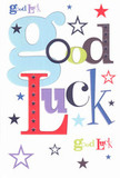 A large, portrait-style good luck card is shown upright against a clean, white background, its whole surface alive with colour and playful energy. The words Good Luck stretch across the centre in a bold, mixed-font design: the opening g is oversized and painted in soft baby blue, while the remaining letters shift between deep red, mossy green, inky black, and lush violet, each character slightly different in thickness and curve, like carefully chosen stems in a hand-tied bouquet. Around the lettering, dozens of tiny stars and dots scatter in a loose halo, ranging from navy and indigo to sky-blue, lilac, and a hint of lime, echoing the feeling of a clear Hatton night sky when you step away from the village centre. The card's background is a crisp, unmarked white, making every colour appear brighter and more confident, rather like a fresh bouquet arriving straight from a local flower market. You can almost sense the smooth, quality cardstock beneath your fingertips, sturdy yet refined, with the print lying flat and velvety against the surface. The layout feels informal but balanced, as if composed by a designer who understands the same harmony of proportion and contrast that we look for when arranging lilies and roses for exam results or first-day-at-work flowers. This is the sort of good luck card a Hatton friend might tuck alongside a bouquet delivered to a new office near the station or to someone starting studies a little further afield, carrying with it the warmth of home, a surge of encouragement, and the quiet promise that better days and bright opportunities are on their way.