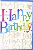 This birthday card radiates the same cheerful energy as a colourful bouquet delivered to a friend in Hatton on a bright afternoon, full of life and character. Spanning almost the entire front, the words Happy Birthday stand tall in bold, rounded letters that curve invitingly across the card. Each letter is filled with a smooth, flowing rainbow gradient, shifting from deep red and juicy orange through sunny yellow into fresh green, then on to clear blue and rich purple, like a row of mixed blooms lined up on a florist's worktable. There's a subtle gloss to the printing, giving the impression of a velvety finish that might catch the light when the card is tilted. Behind this vivid statement, the background is a calm, warm ivory shade, densely overlaid with delicate golden script repeating Happy Birthday to you over and over. The handwriting-style script spirals and loops with effortless grace, dusted in fine glitter so it twinkles gently, reminiscent of tiny lights seen from a distance on an evening stroll near Hatton. This sparkling script feels like a soft, continuous refrain, echoing the main message in a more intimate tone. The combination of bold rainbow lettering and refined gold detail creates a layered, sophisticated look that still feels fun and youthful. It's the type of card that would sit beautifully alongside a bright, mixed arrangement sent for same-day delivery across Hatton, bringing a smile before the envelope is even opened. The design conveys not just a simple greeting, but a sense of festive anticipation and heartfelt warmth, perfect for marking any birthday with style.