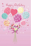 A whimsical birthday celebration is captured in this illustration, where pastel balloons and a petite bouquet seem to float together above the tranquil surrounds of Hatton. The background is a smooth, rosy pink, creating a warm canvas that allows the delicate colours to glow. In the centre, a cluster of balloons rises lightly, coloured in shades of blush, mint, sunny yellow, and lilac. Each balloon feels unique-some are wrapped in swirling, candy-like stripes, others are dotted with playful spots, and a central heart-shaped balloon radiates quiet affection. Subtle floral and star motifs add to the sense of festivity, as if they were reflections of distant fairy lights. Below the balloons, a tightly gathered bouquet brings a sense of tangible reality to the design. Creamy ivory roses, blush-toned blossoms, and soft mauve, anemone-like flowers nestle together, their petals layered and gently curled, reminiscent of blooms just arranged by a careful Hatton florist. A violet satin bow holds the stems neatly, its sheen catching the light with a smooth, elegant glimmer, a small detail that hints at thoughtful craftsmanship. Butterflies and tiny stars drift around the flowers and balloons, like confetti carried on a light breeze across nearby countryside paths, adding a touch of fairy-tale wonder. The light falls evenly across the composition, highlighting the balloons' glossy curves and the velvety texture of the petals, creating a mood that is both airy and heartfelt. This image feels like a birthday wish made visible-a sweet, joyful tribute that brings cheer, warmth, and a sense of being truly celebrated for someone in Hatton.