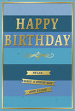This stylish birthday card blends tranquil blue hues with polished gold details, exuding a relaxed, happy energy that feels at home in a cosy Hatton setting. The background is made up of generous horizontal stripes, each a distinct blue tone, stacked from top to bottom: a dark, inky navy at the top, moving gradually through richer mid-blues and teal, and settling into a lighter, more open sky blue near the base. These layered bands create a gentle gradient that suggests depth and softness, almost like watching the sky shift colour over quiet fields near Hatton as the day unfolds. In the centre, the greeting HAPPY BIRTHDAY is stamped in large gold capital letters, embossed so they rise slightly from the surface. The metallic gold finish shimmers subtly when the light hits, giving the card a sense of quality and celebration. Directly below the main words lies a graceful gold flourish, a single decorative line that arcs and curls in a classic, almost vintage style. Underneath this flourish, three slim gold banners are stacked one beneath the other, each ribbon carrying part of the warm wish Relax, have a great day and enjoy! The banners appear neatly cut and slightly raised, contrasting with the smooth, velvety blue background. A fine gold border encloses the entire design, adding a final touch of refinement and framing the composition much like a picture frame. You can easily imagine this card propped beside a small birthday bouquet on a kitchen table in Hatton, catching the soft light and quietly marking the occasion with grace and gentle cheer.