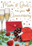 This evocative anniversary card artwork paints a picture of refined romance and family affection, as if set on a carefully laid table in Hatton just before a special toast. At the centre are two slender champagne flutes, their clear glass catching a warm, golden glow as fine bubbles rise through the pale fizz, suspended in a moment of anticipation. In front of them, a luxurious heart-shaped box of chocolates sits proudly, its deep red exterior wrapped with an opulent satin bow whose wide loops and trailing ends create a sense of drama and celebration. The lid is tilted open to reveal an enticing selection of chocolates, with a few pieces scattered casually on the table as though already shared between loved ones. To one side rest two sumptuous red roses, their densely layered petals rich in crimson and softly shaded, framed by fresh green leaves that evoke the skilled hand of a local Hatton florist assembling an anniversary bouquet for nearby homes and cottages. A scarlet envelope, neatly sealed and slightly angled, adds a touch of secrecy and sentiment, suggesting a personal handwritten note to mark the occasion. The scene is set against a softly glowing cream and gold background, dusted with tiny metallic hearts and crimson accents that drift across the card like delicate confetti, surrounding graceful script lettering that conveys anniversary wishes. The composition radiates warmth and intimacy, suggesting the scent of roses mingling with chocolate and the gentle murmur of voices in a Hatton living room as glasses are raised to celebrate love that has matured, deepened, and endured over the years.